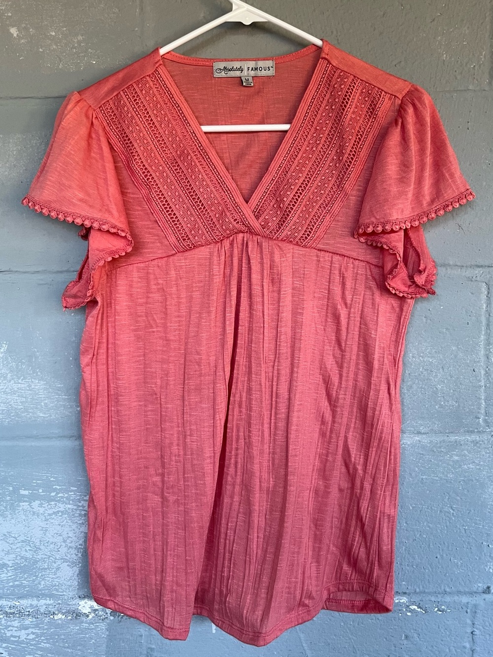 Coral Pink V‑Neck Crochet Flutter Sleeve Tunic Boho Pheasant Coral Flowy Top